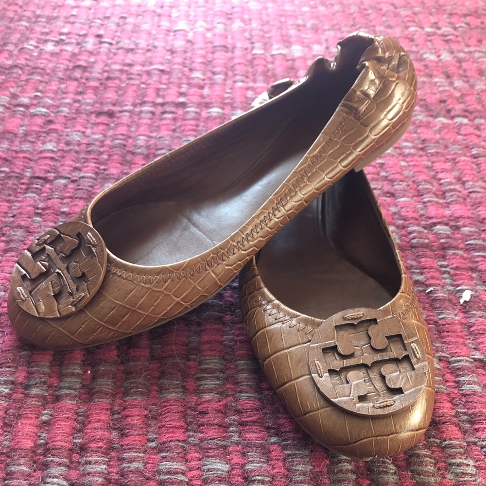 Tory Burch Brown Textured Leather Flats- Size 8